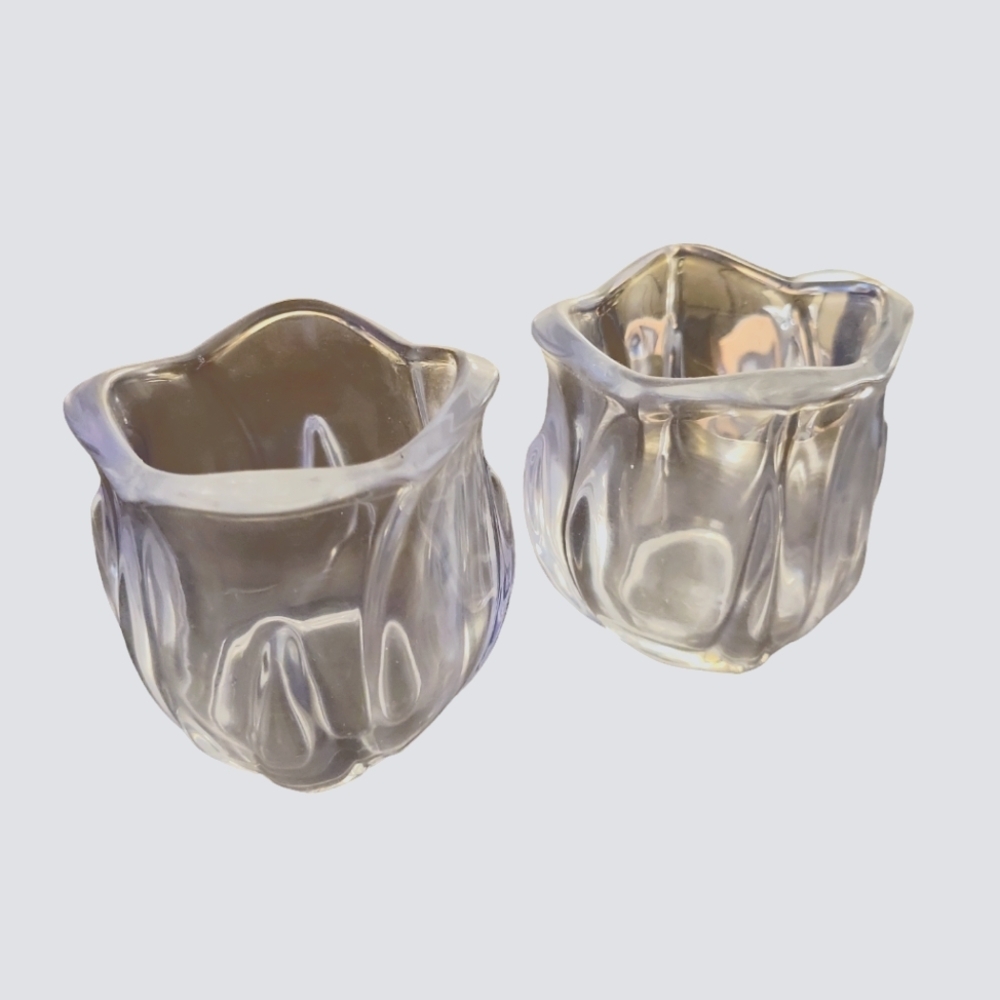 Vintage Tulip Flower Clear Glass Decorative Votive Candle Holders Set of 2
